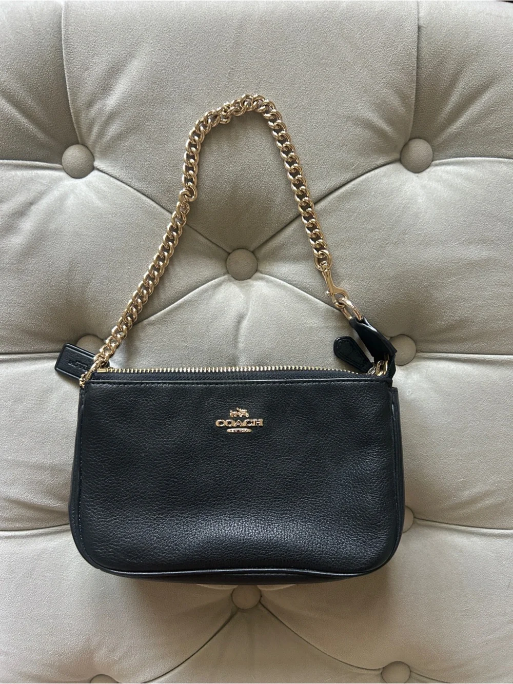 Coach Black Pebbled Leather Crossbody with Gold Chain